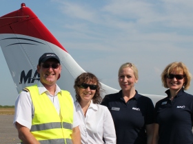MAF flight. Pilot Mike Riley with Candy O'Donovan and MAF CEO Ruth Whitaker 