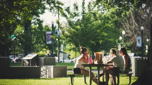 Friends sit at picnic table