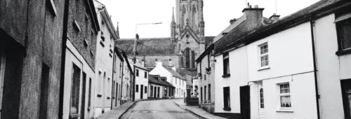 Black and white church empty street