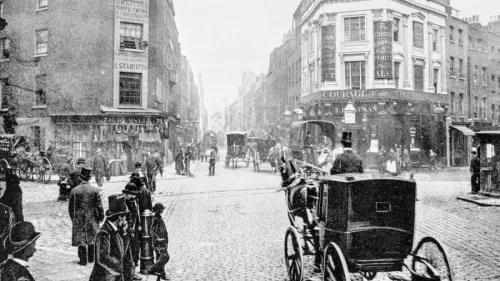 Antique photograph of Seven Dials junction in London (19th century) stock photo
