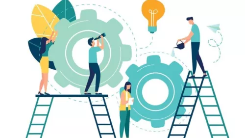 Flat vector illustration teamwork on finding new ideas little people vector id1248593714