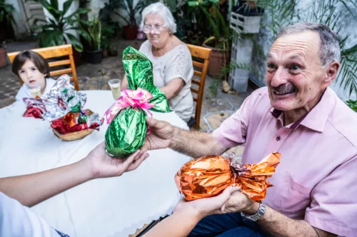 Man receiving Easter eggs