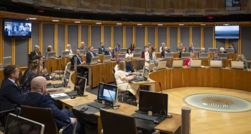 Welsh Parliament and Senedd Chamber with First Minister Eluned Morgan MS